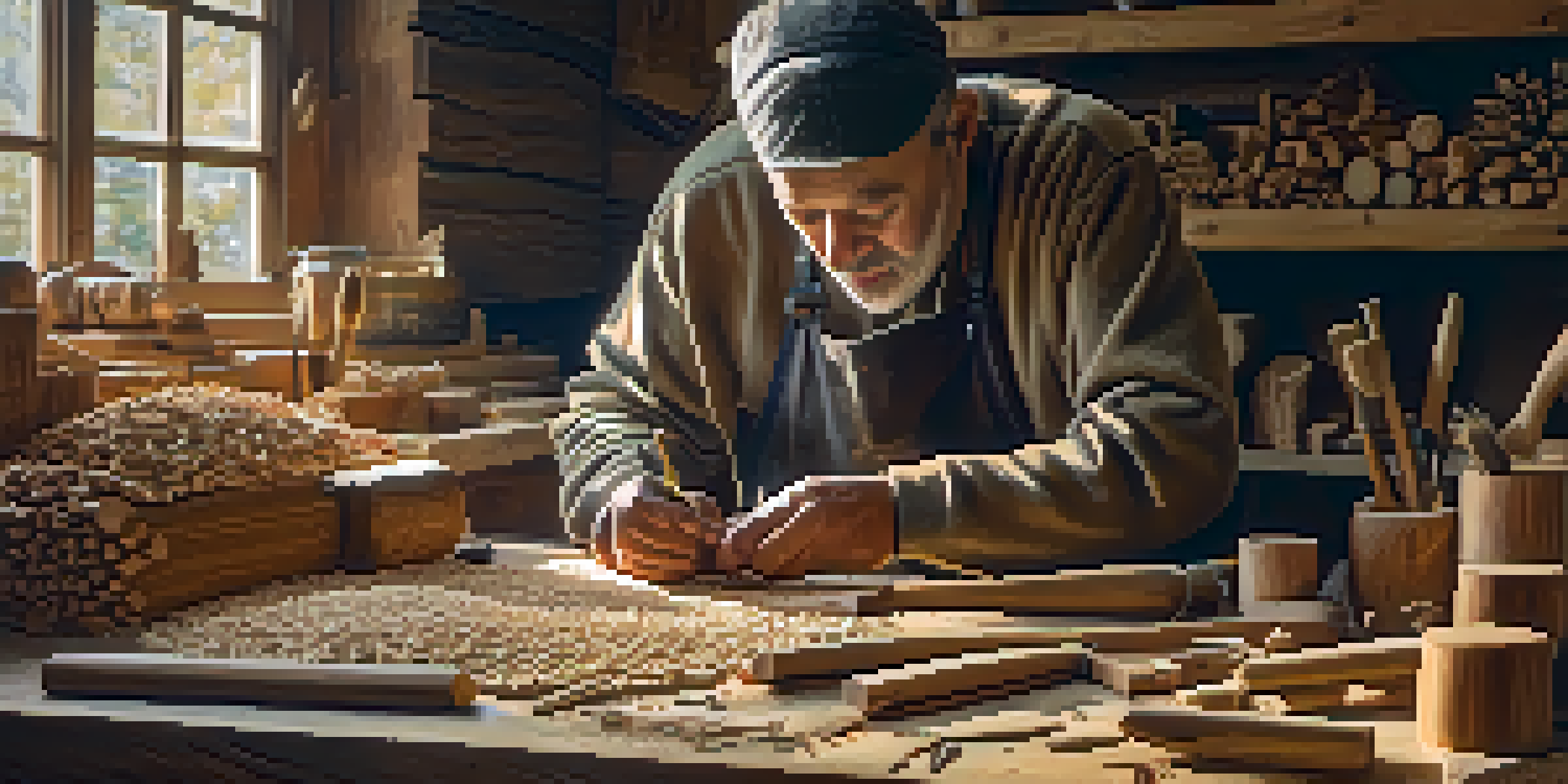 An artisan carving wood, with tools and wood shavings on a workbench, illuminated by warm natural light.
