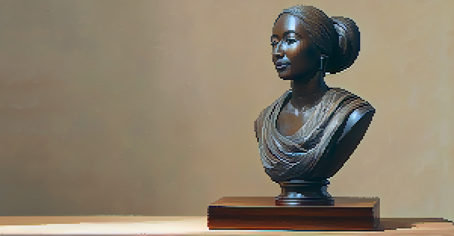 Aged wood sculpture on a pedestal in a softly lit gallery, highlighting its rich color and unique imperfections.