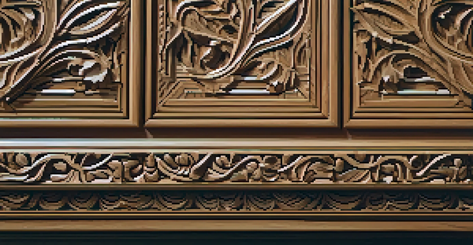 A close-up of a beautifully carved wooden panel with floral designs, illuminated by soft sunlight.