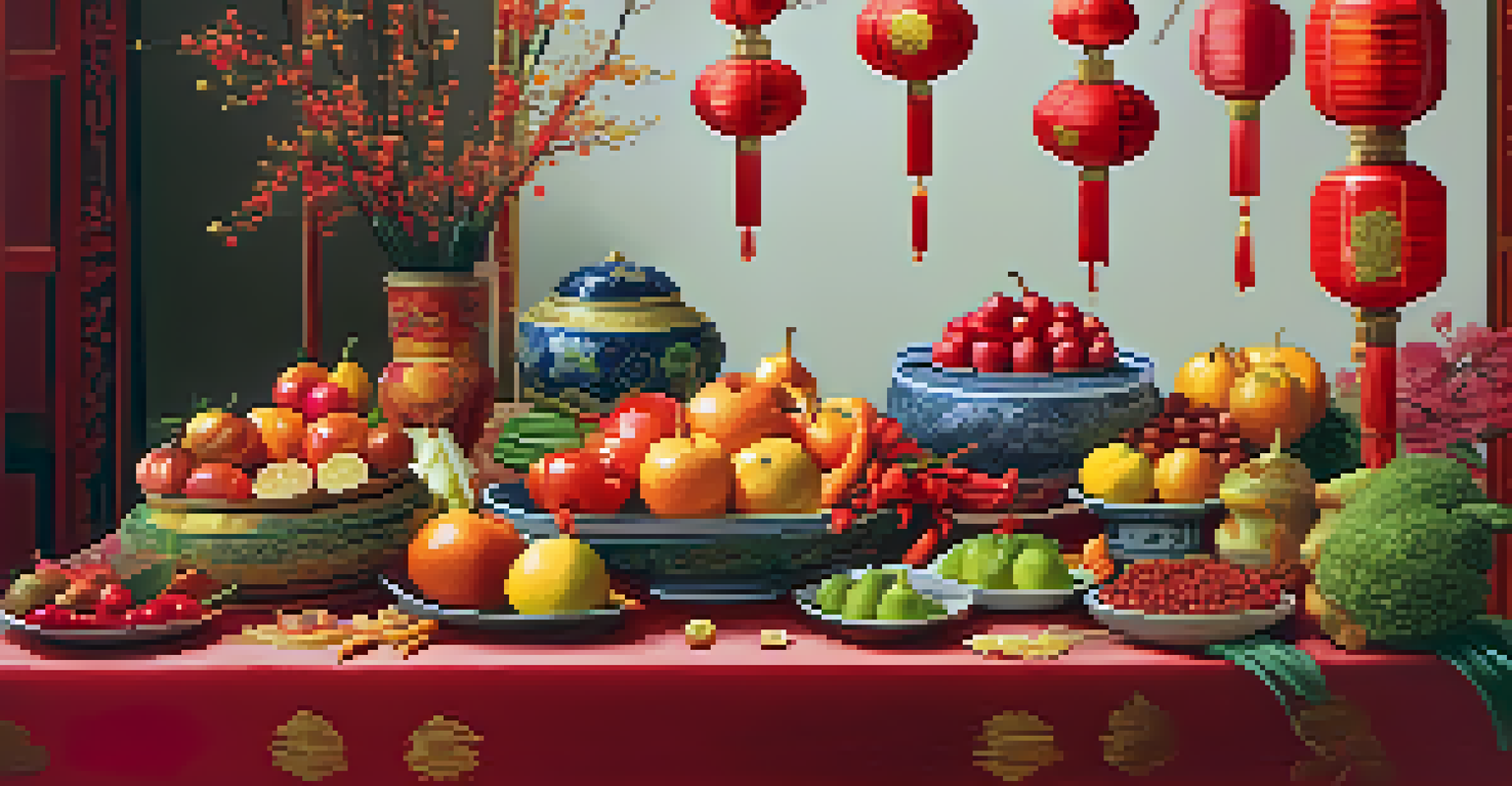 A festive table displaying intricately carved fruits and vegetables for Lunar New Year celebrations.