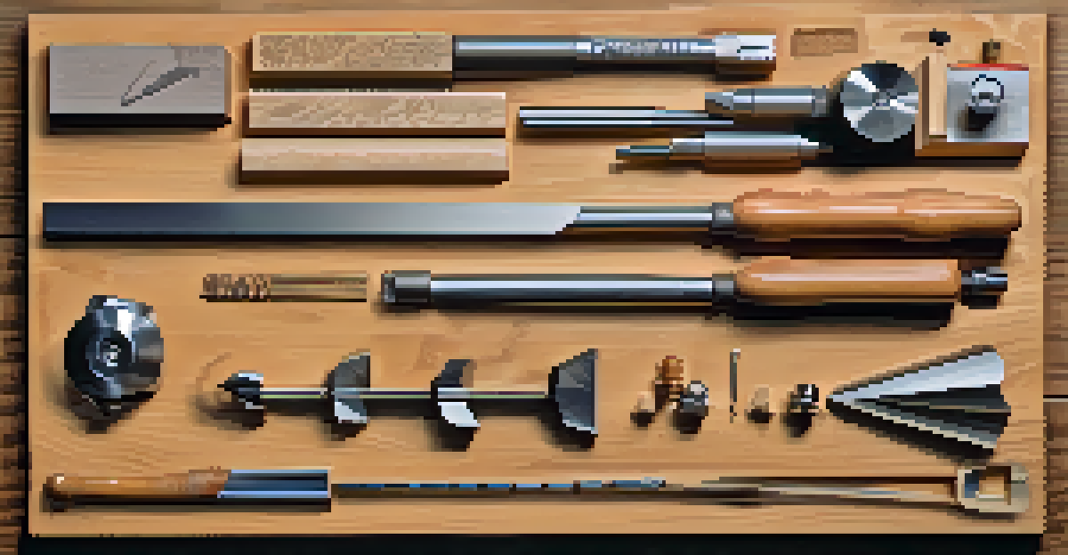 A neatly arranged display of power carving tools on a wooden workbench, with wood samples showcasing carving techniques.