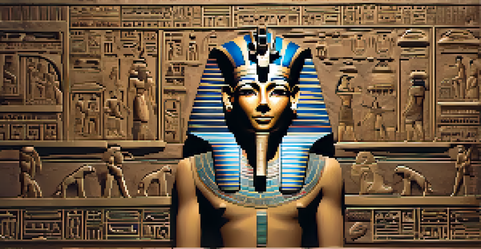 A close-up view of an ancient Egyptian carving of a pharaoh with intricate hieroglyphics, emphasizing the textures and colors of the stone.