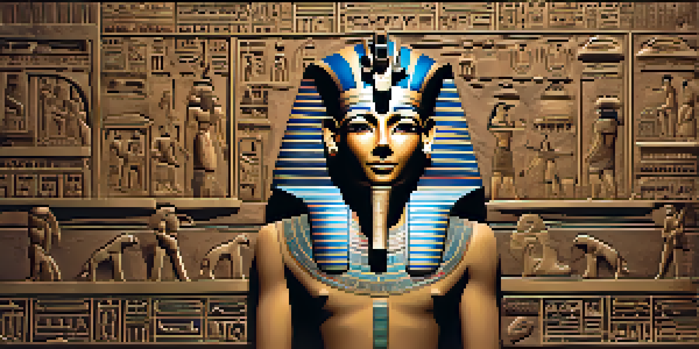 A close-up view of an ancient Egyptian carving of a pharaoh with intricate hieroglyphics, emphasizing the textures and colors of the stone.