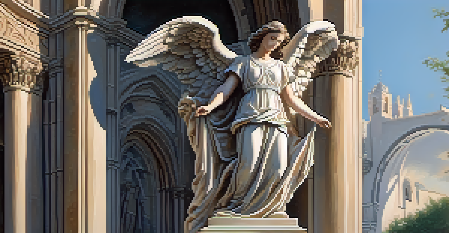 A stone sculpture of an angel on a cathedral archway, beautifully illuminated by evening light.