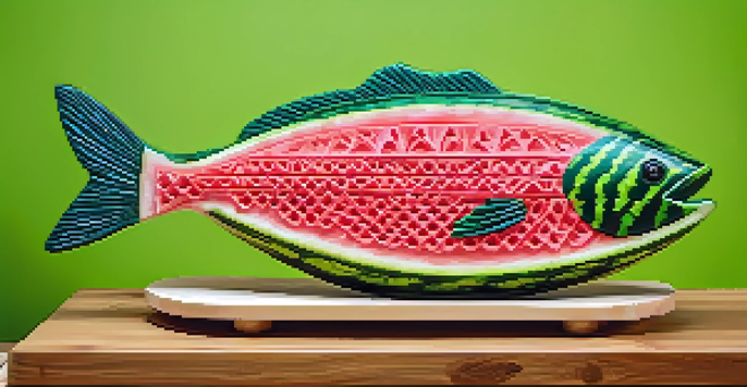 A carved watermelon shaped like a fish with detailed scales and fins, surrounded by colorful fruits.