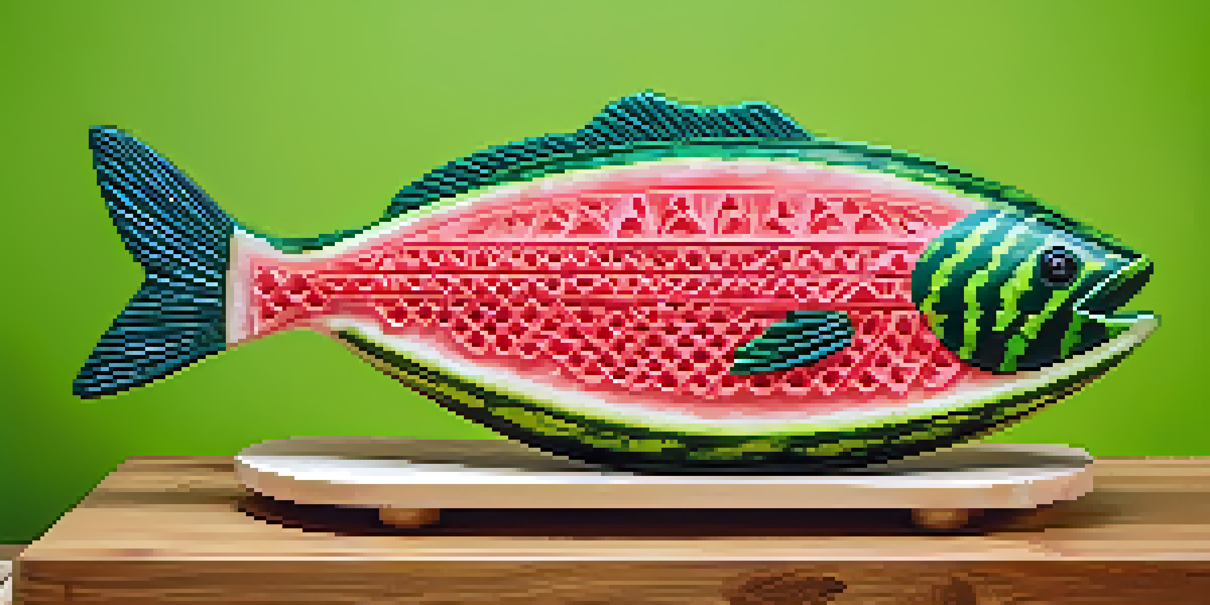 A carved watermelon shaped like a fish with detailed scales and fins, surrounded by colorful fruits.