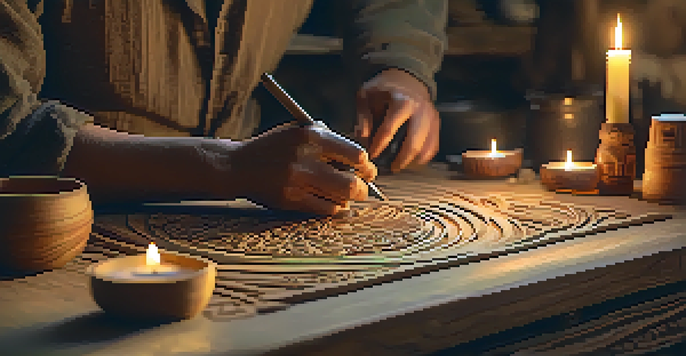 An artisan carefully carving wood in a sunlit workshop, surrounded by tools and candles.