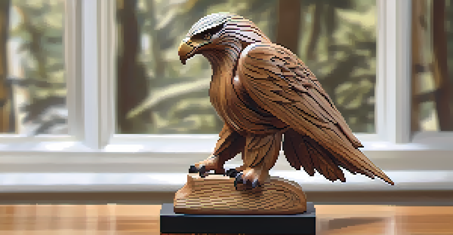 A finished carved wooden sculpture of an eagle, displaying intricate feather details and polished finish on a natural wood base.