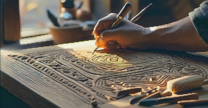 An artisan's hands carving intricate patterns into wood with chisels and knives, illuminated by warm light.