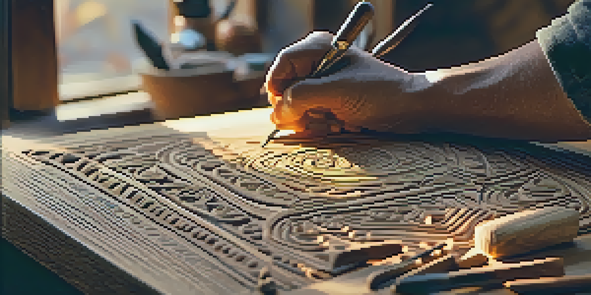 An artisan's hands carving intricate patterns into wood with chisels and knives, illuminated by warm light.
