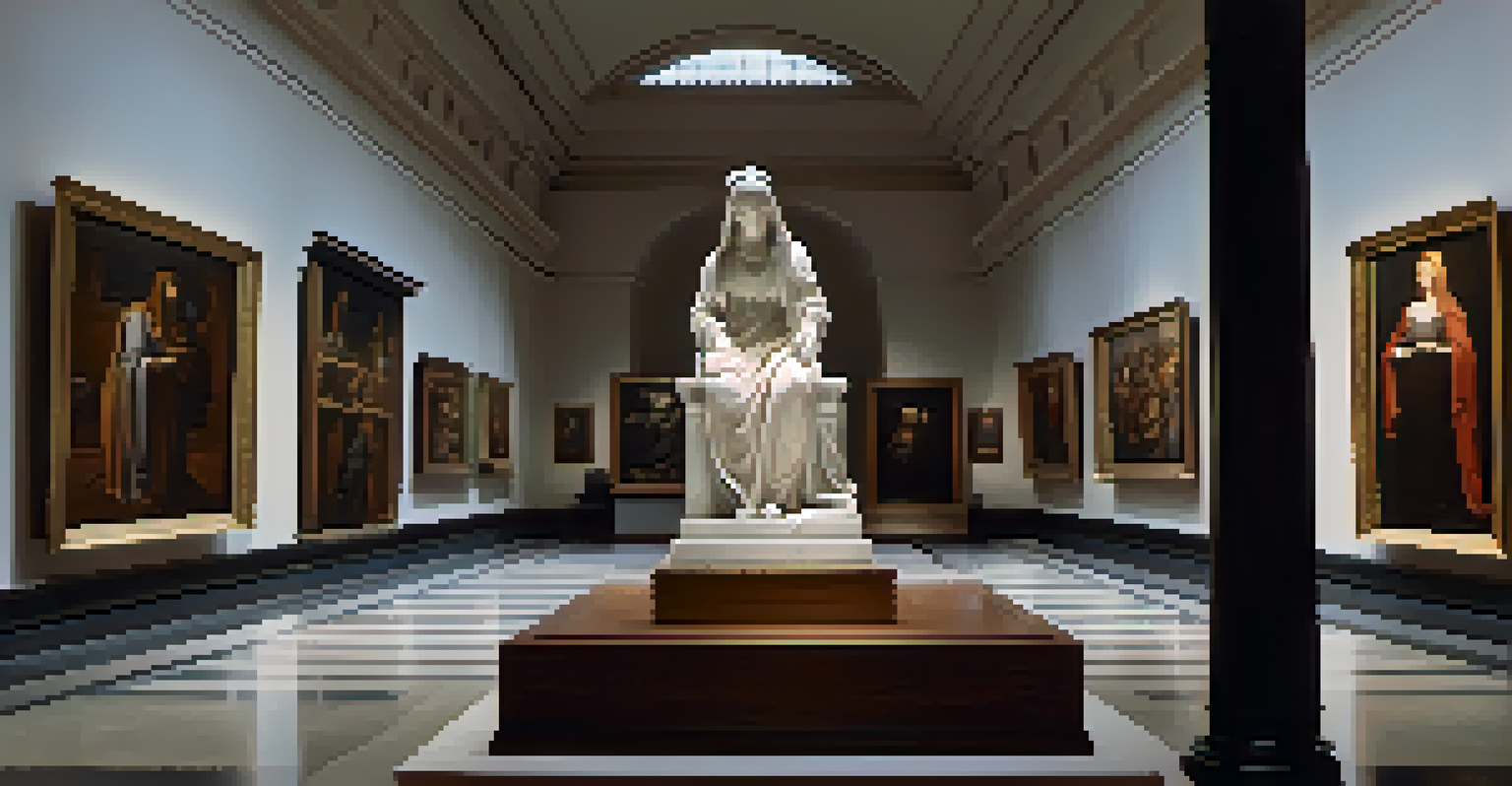 An interior view of a Renaissance art gallery showcasing Donatello's marble sculpture of Mary Magdalene, with soft lighting and classical paintings on the walls.