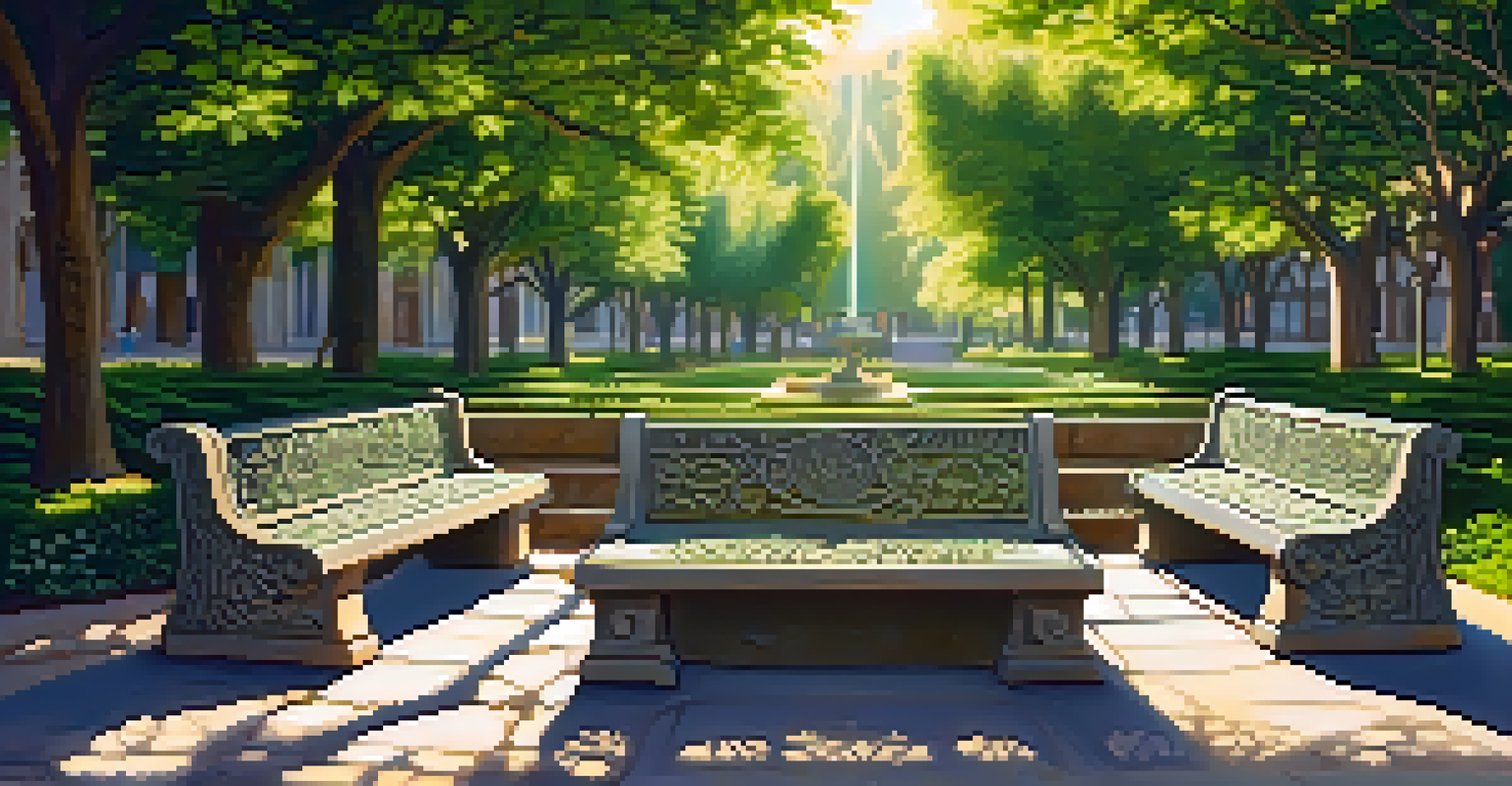 A peaceful urban park with beautifully carved stone benches surrounded by greenery and sunlight shining through the trees.