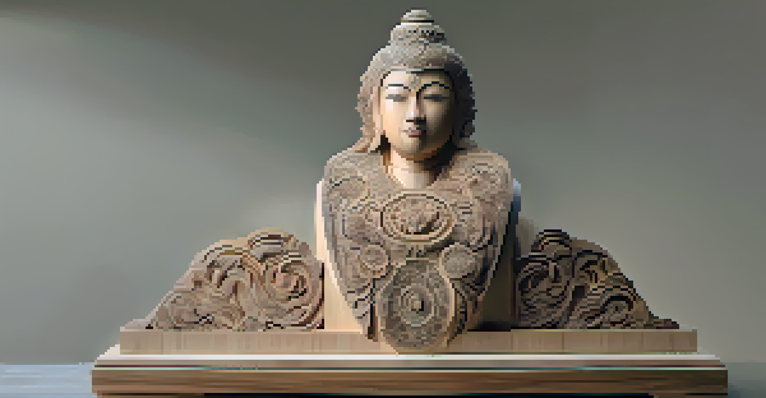 An intricately carved wooden sculpture displayed on a pedestal, showcasing detailed patterns.