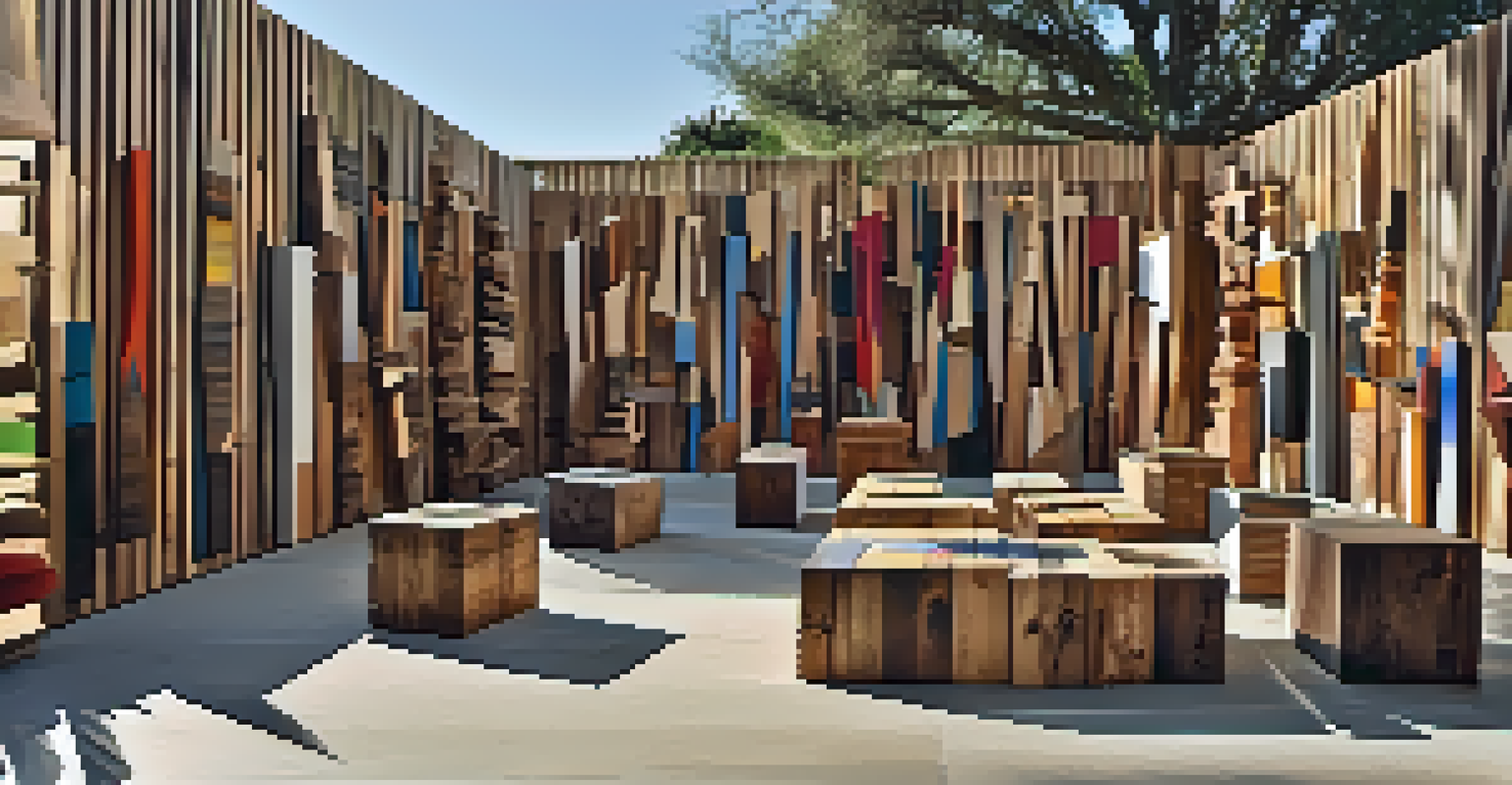 A display of artistic sculptures made from reclaimed wood in an outdoor gallery, showcasing various textures and shapes.