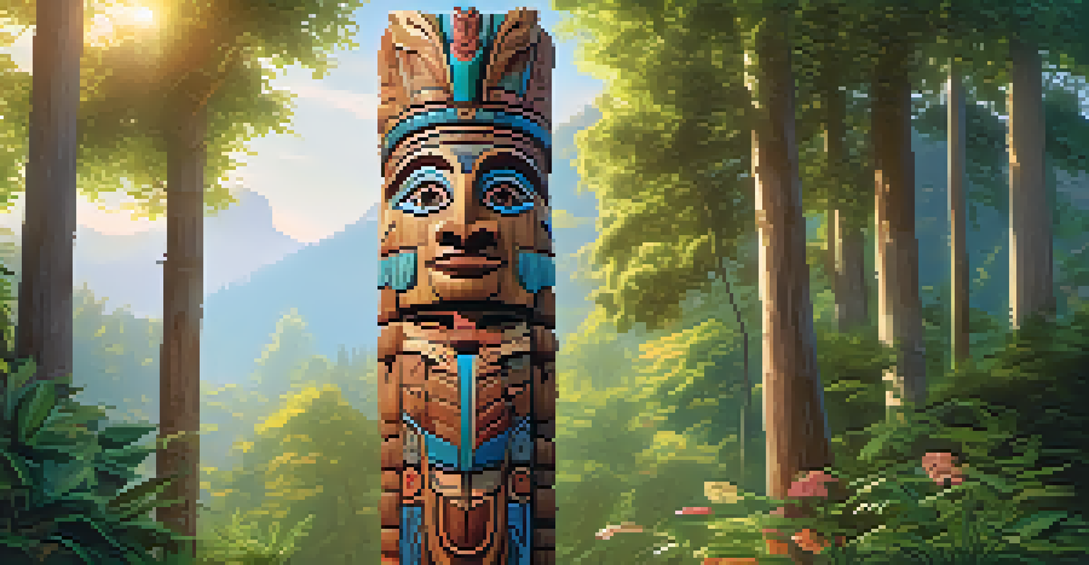 A tall wooden totem pole intricately carved with animals and spirits, surrounded by lush greenery, with sunlight filtering through the trees.