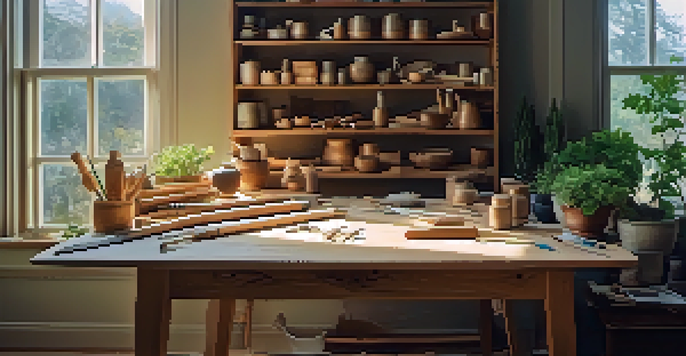 A peaceful carving workspace with tools, a wooden table, and a partially finished sculpture, bathed in natural light.