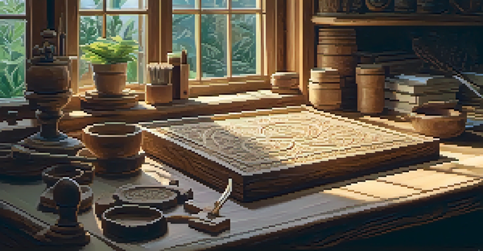 An artisan at work in a cozy workshop, carving detailed designs into wood, surrounded by tools and warm lighting.