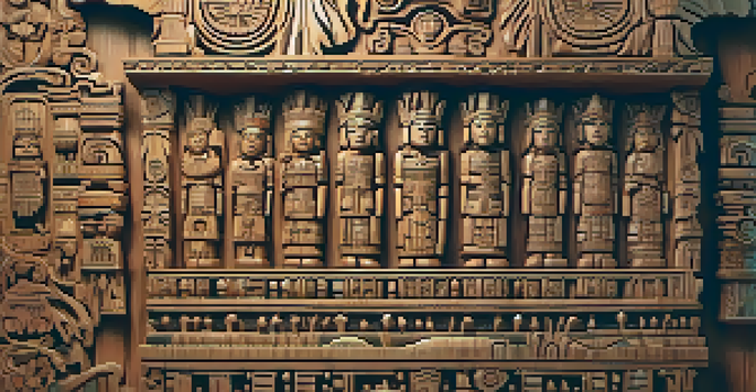 Close-up of a traditional wooden carving featuring a totem pole with intricate symbolic figures, illuminated by soft lighting.
