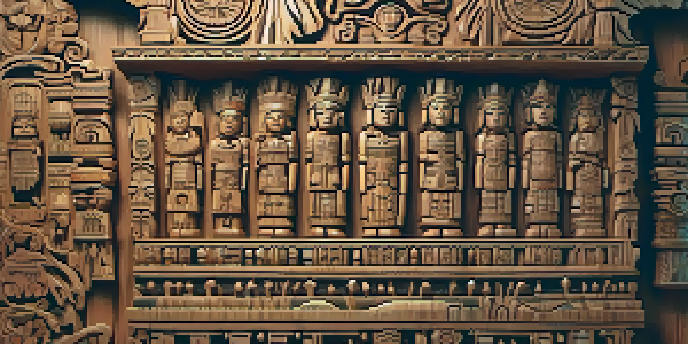 Close-up of a traditional wooden carving featuring a totem pole with intricate symbolic figures, illuminated by soft lighting.