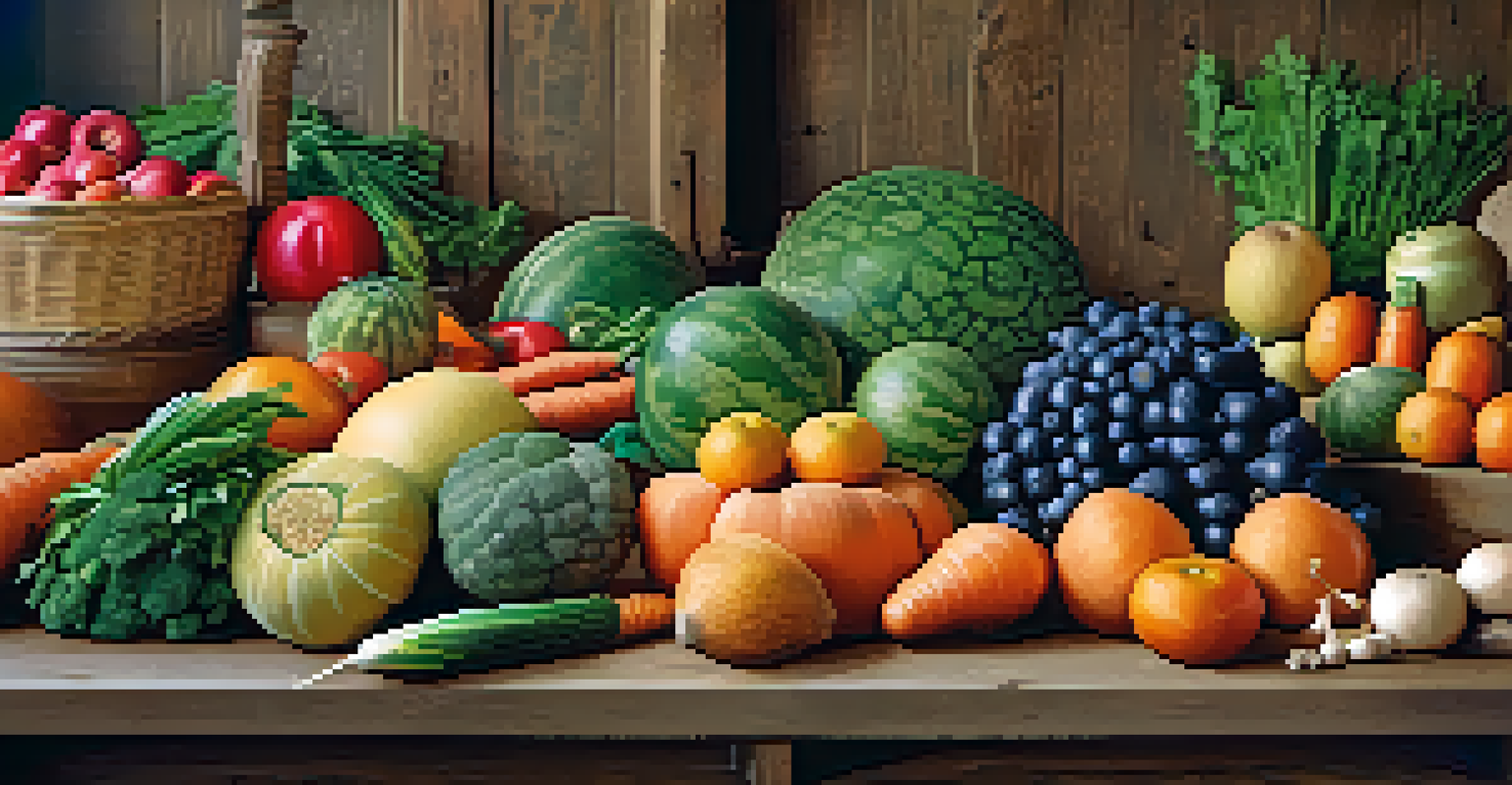 A market display of intricately carved fruits and vegetables on a wooden table, showcasing vibrant colors and artistic designs.