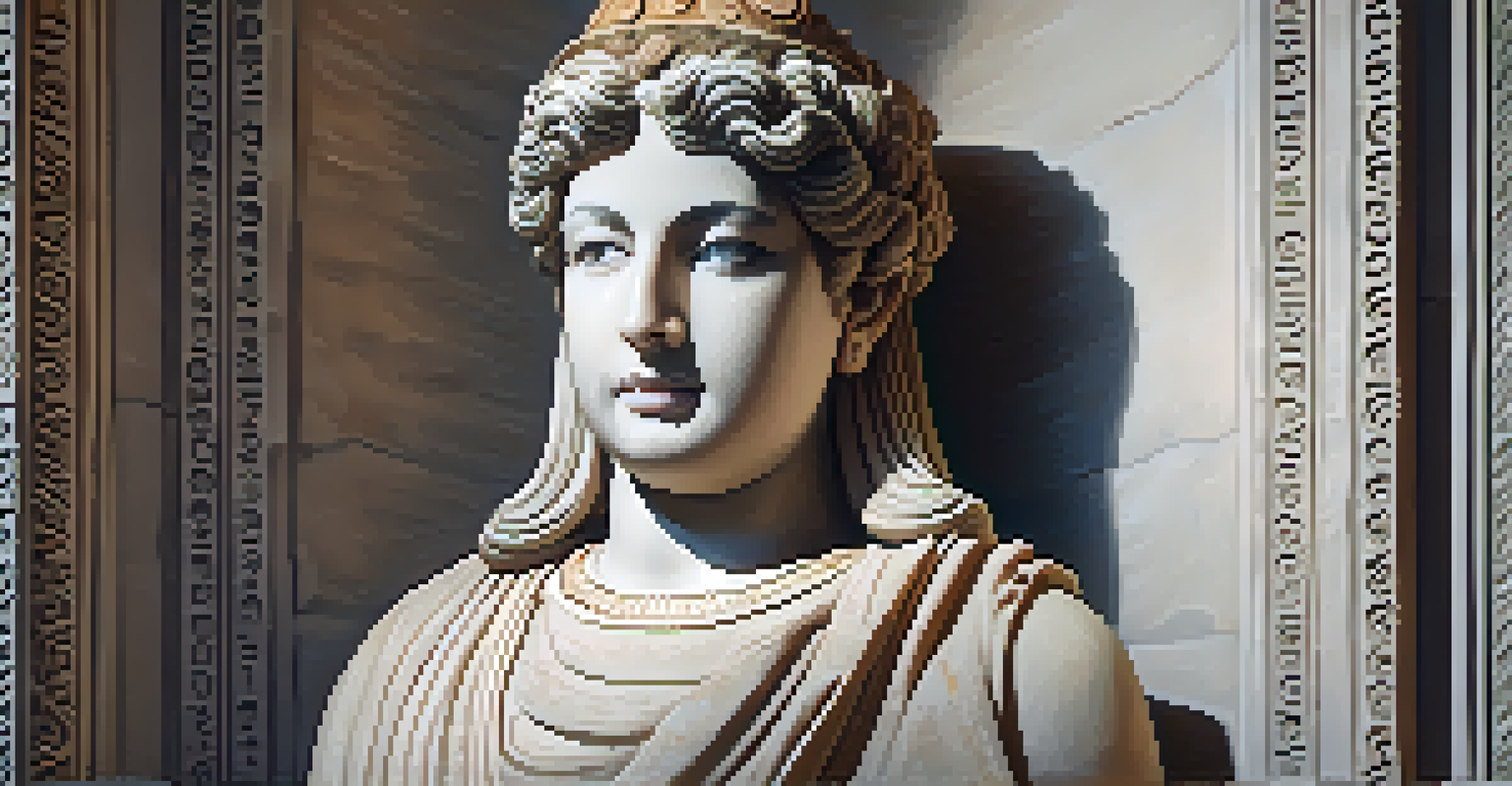 Close-up of a restored ancient statue displayed in a museum.