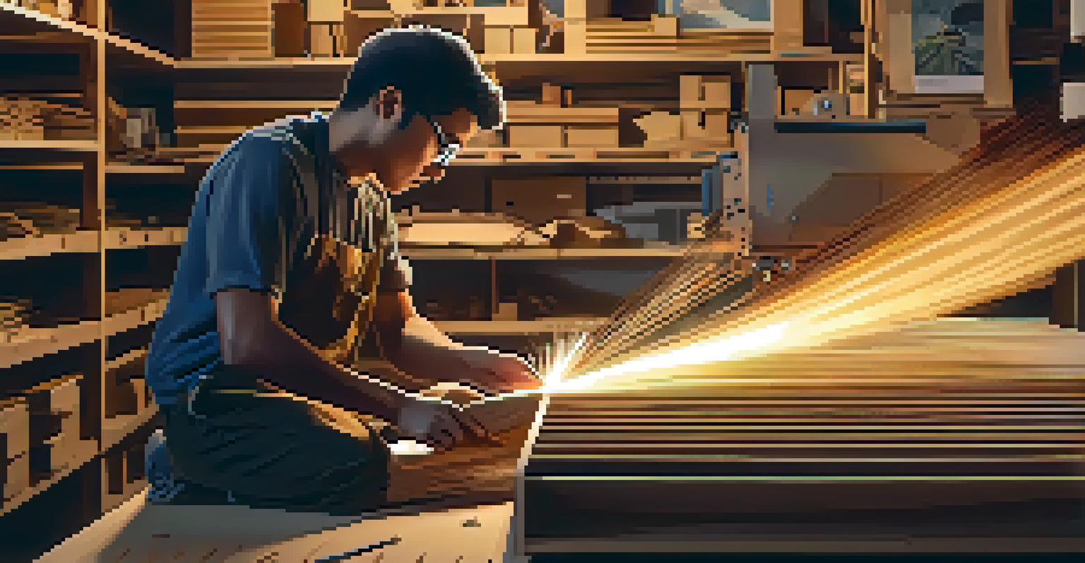 An artisan operating a laser cutter, cutting intricate designs from wood with sparks flying in a creative workspace filled with materials.