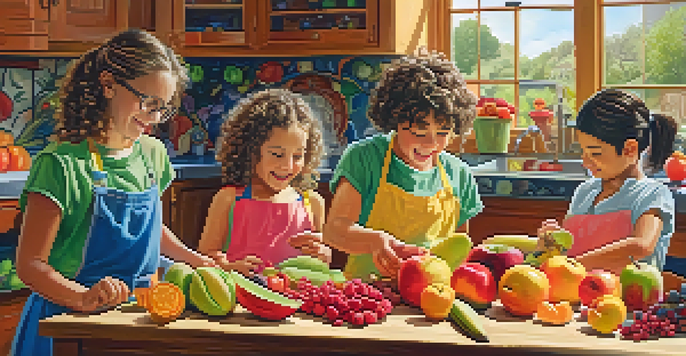 Two children happily carving fruits in a bright kitchen, with colorful fruit sculptures around them.
