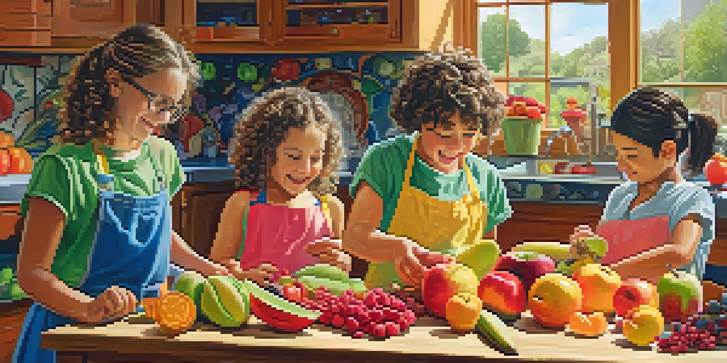 Two children happily carving fruits in a bright kitchen, with colorful fruit sculptures around them.