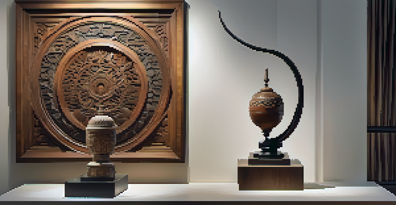 A striking mixed media sculpture featuring carved wood, metal, and glass, showcased in a softly lit art gallery.