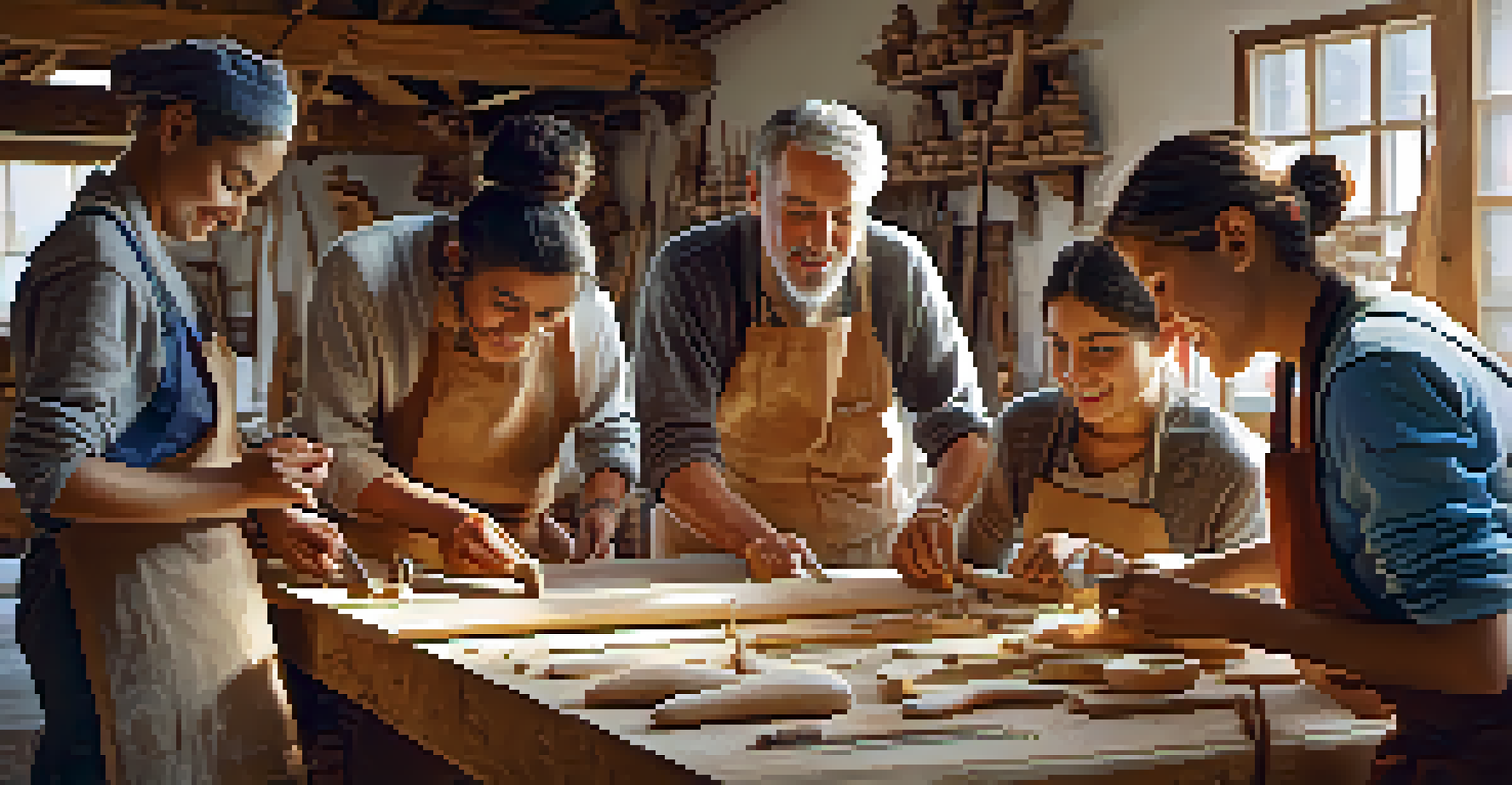 Young artisans learning carving techniques from a master in a workshop.