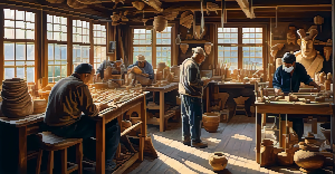 A vibrant artisan workshop with craftsmen carving wooden masks, surrounded by tools and wood shavings, illuminated by warm sunlight.