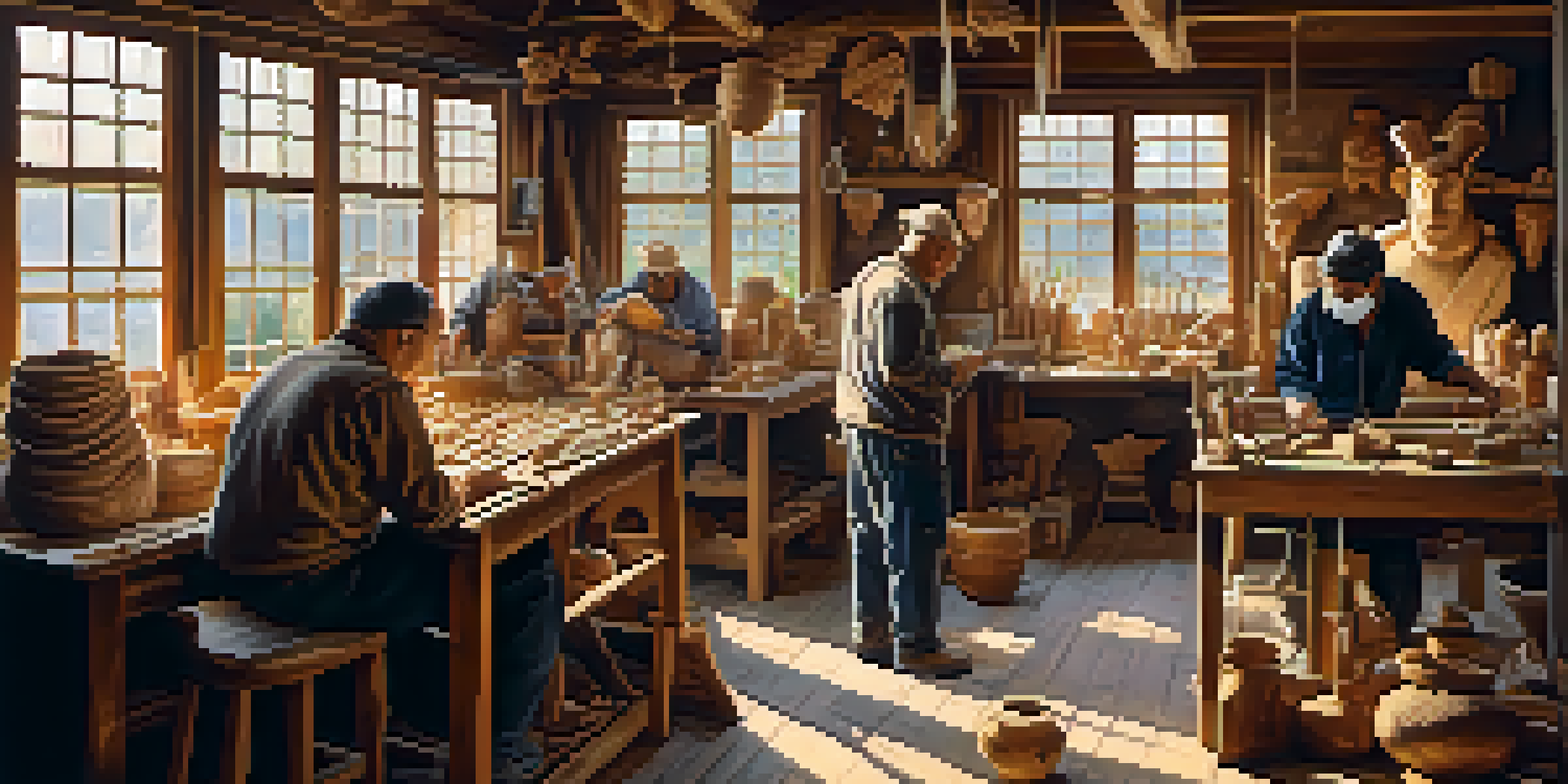 A vibrant artisan workshop with craftsmen carving wooden masks, surrounded by tools and wood shavings, illuminated by warm sunlight.