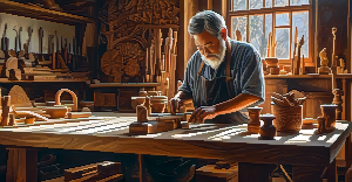 An artisan carving intricate patterns into wood in a sunlit workshop, surrounded by tools and sculptures.