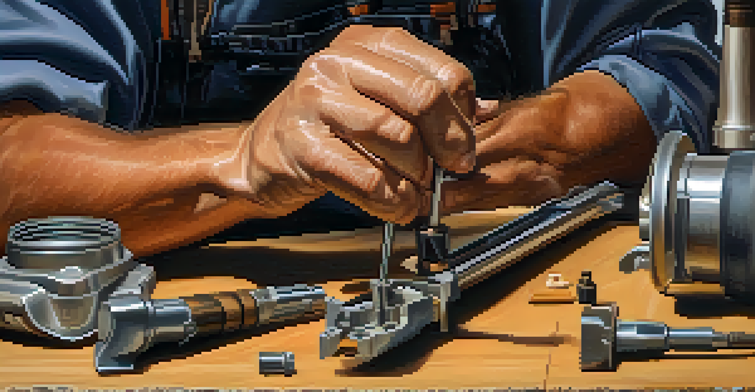 Close-up of hands applying lubricant to the moving parts of a power tool, emphasizing care and precision in maintenance.