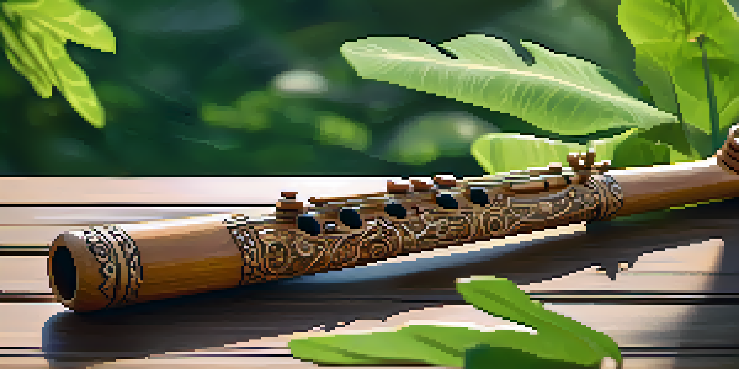 A carved wooden flute placed on a wooden surface, surrounded by green leaves and soft sunlight.