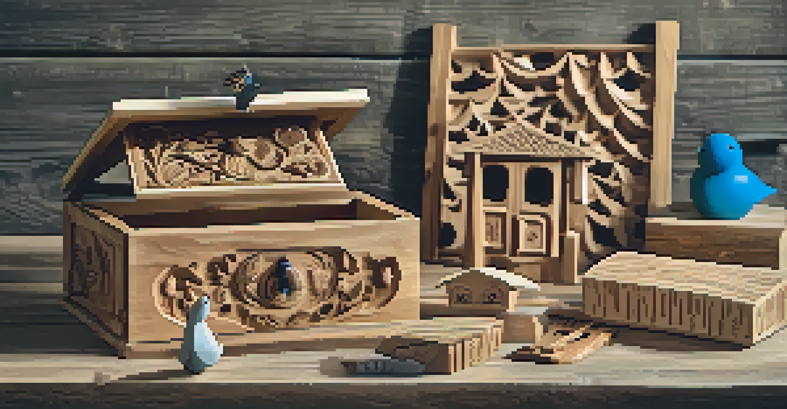 A display of various wood carving projects made by children, including a birdhouse and a decorative box.