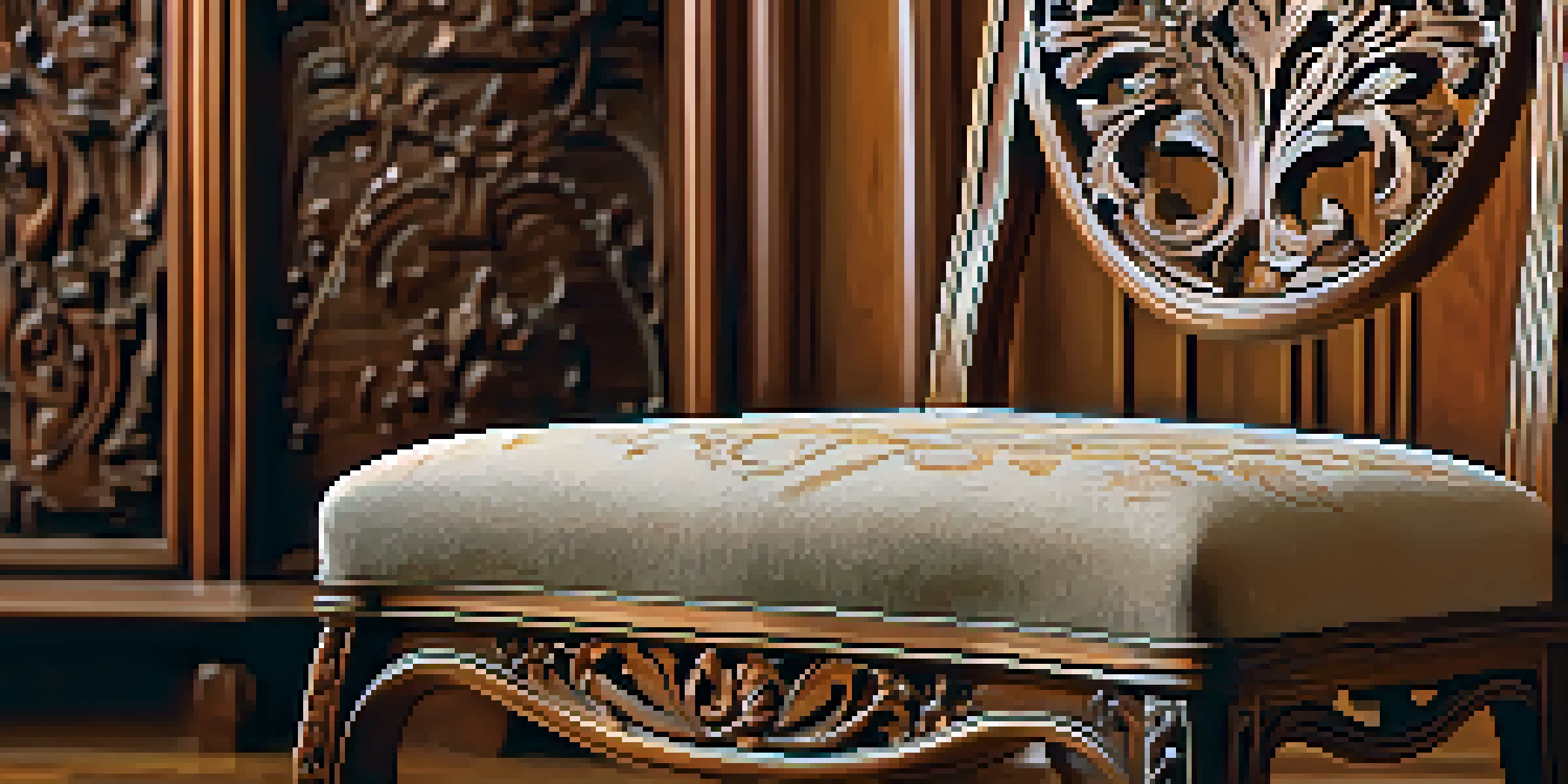 Close-up of a beautifully carved wooden chair with intricate floral designs, illuminated by soft natural light.