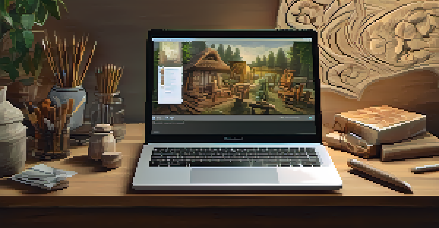 A computer displaying an online carving community, surrounded by traditional carving tools and materials.