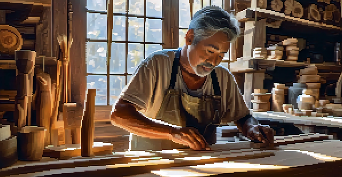 An artisan carving wood in a workshop filled with natural light, showcasing eco-friendly materials and intricate details of the carving.