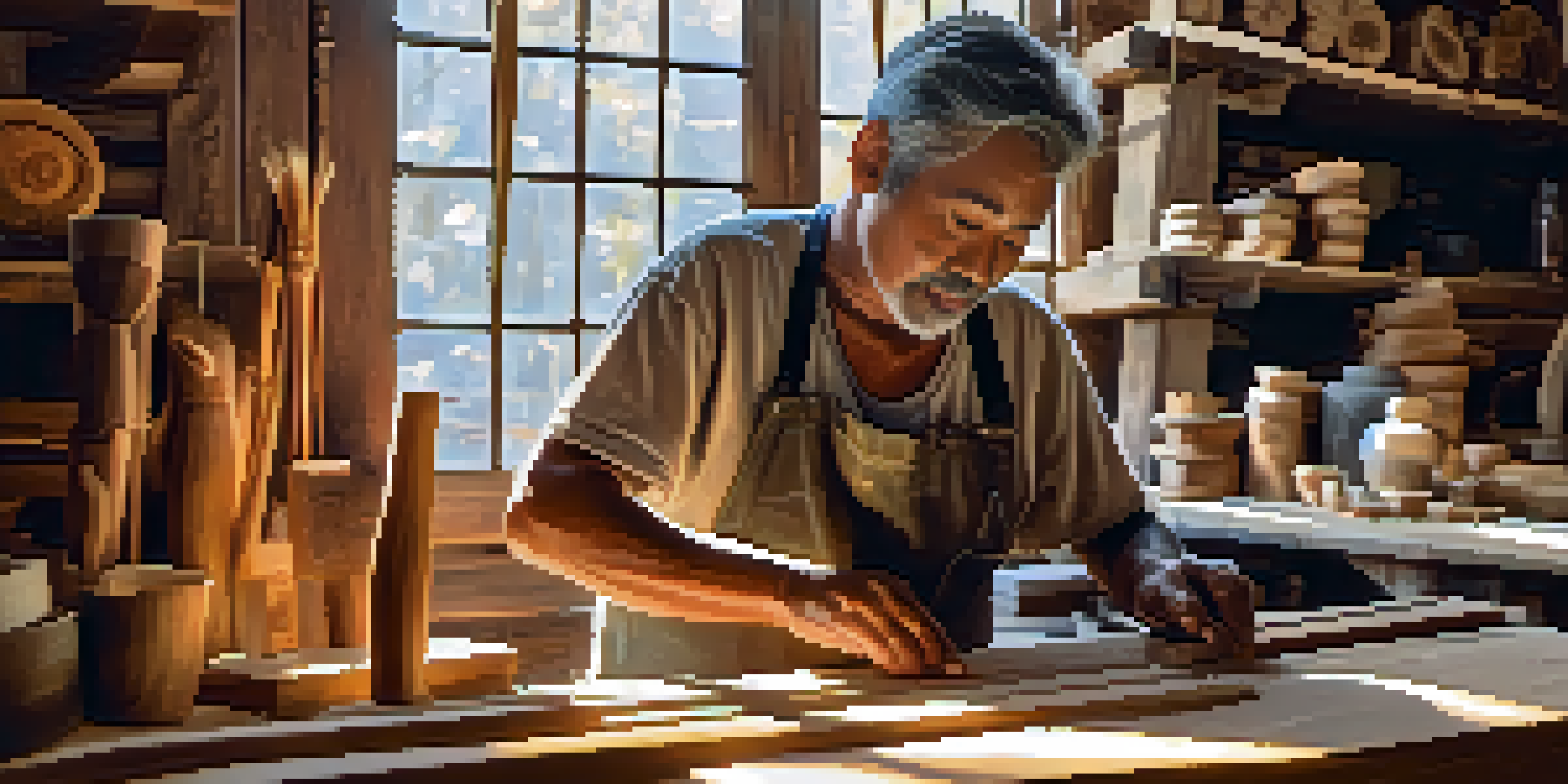 An artisan carving wood in a workshop filled with natural light, showcasing eco-friendly materials and intricate details of the carving.