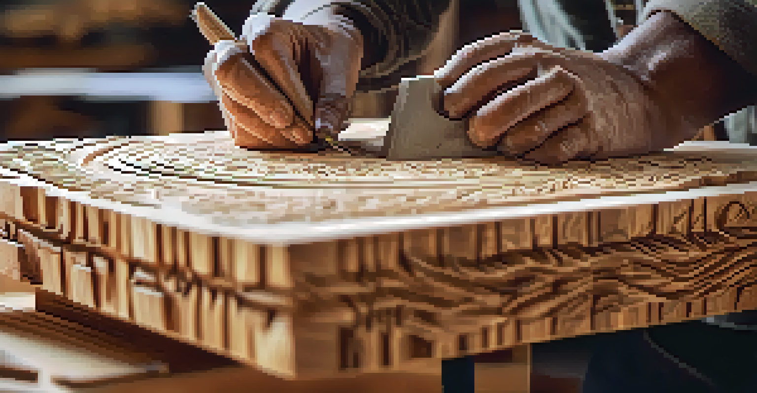 An artisan's hands carving a wooden sculpture, showcasing intricate details and textures.