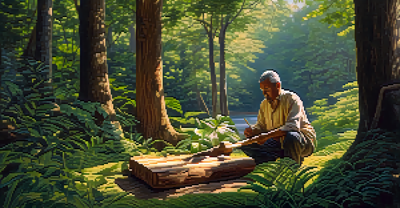 An artisan carving wood in a serene forest, surrounded by diverse trees and wildlife, highlighting the connection between nature and craftsmanship.
