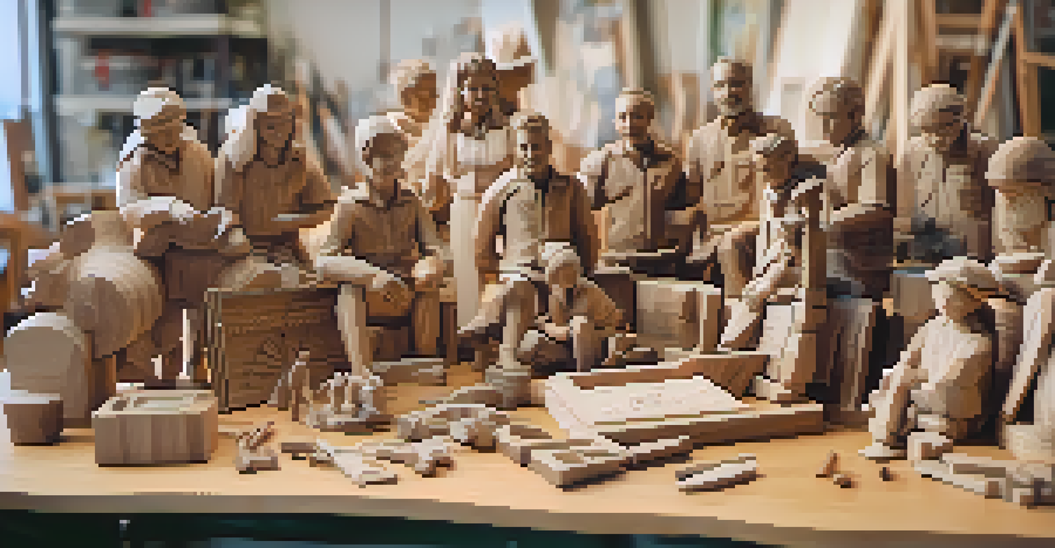A finished wooden sculpture on a table with team members celebrating around it in a cozy workshop setting.