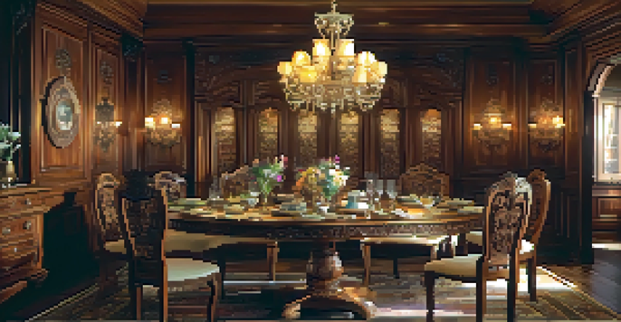 A Victorian-era dining table with floral carvings, elegantly set with dinnerware, surrounded by ornate chairs in soft lighting.