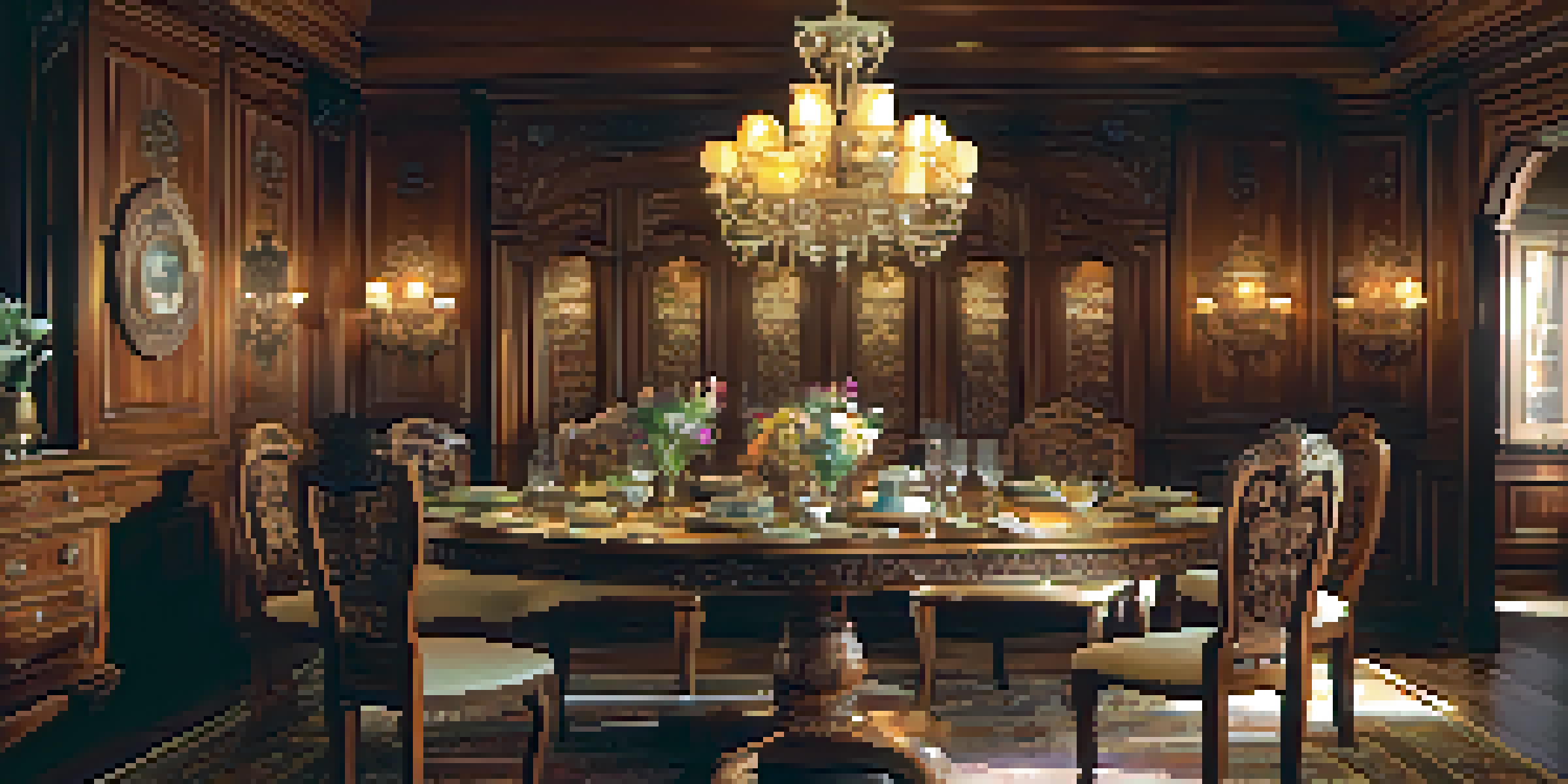 A Victorian-era dining table with floral carvings, elegantly set with dinnerware, surrounded by ornate chairs in soft lighting.