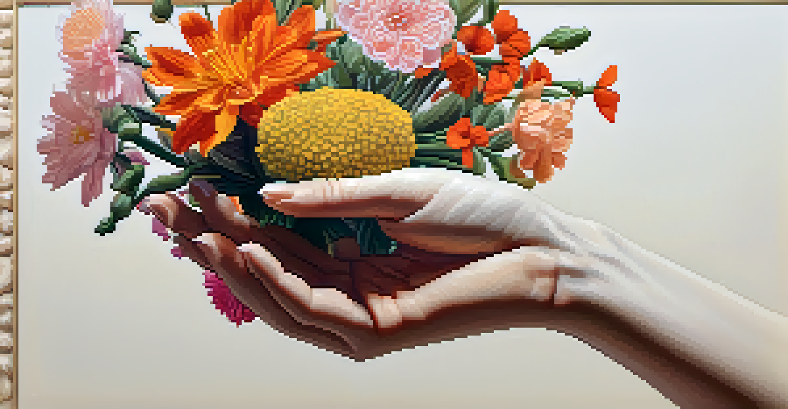 A large hand sculpture holding small flowers, highlighting scale contrast with intricate details and vibrant colors against a muted background.