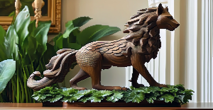 A wooden sculpture of a mythical creature under warm lighting, with detailed fur and scales, surrounded by green plants.