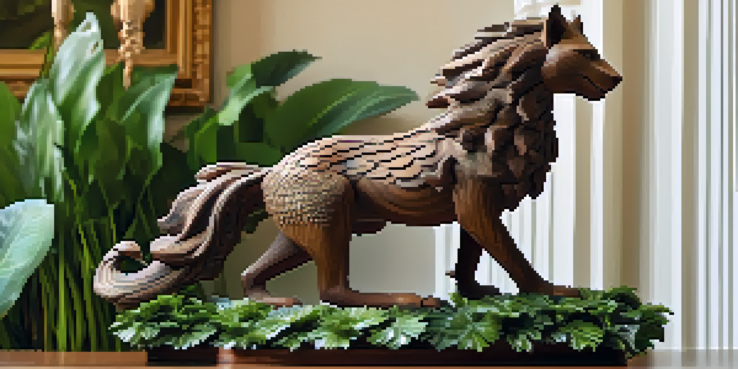 A wooden sculpture of a mythical creature under warm lighting, with detailed fur and scales, surrounded by green plants.