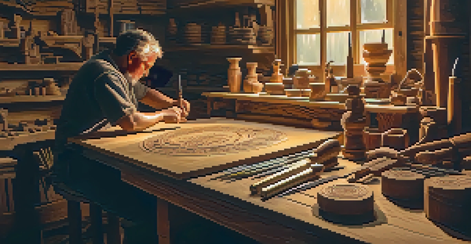 A craftsman focused on carving a detailed design into wood, with carving tools scattered around, illuminated by soft natural light.