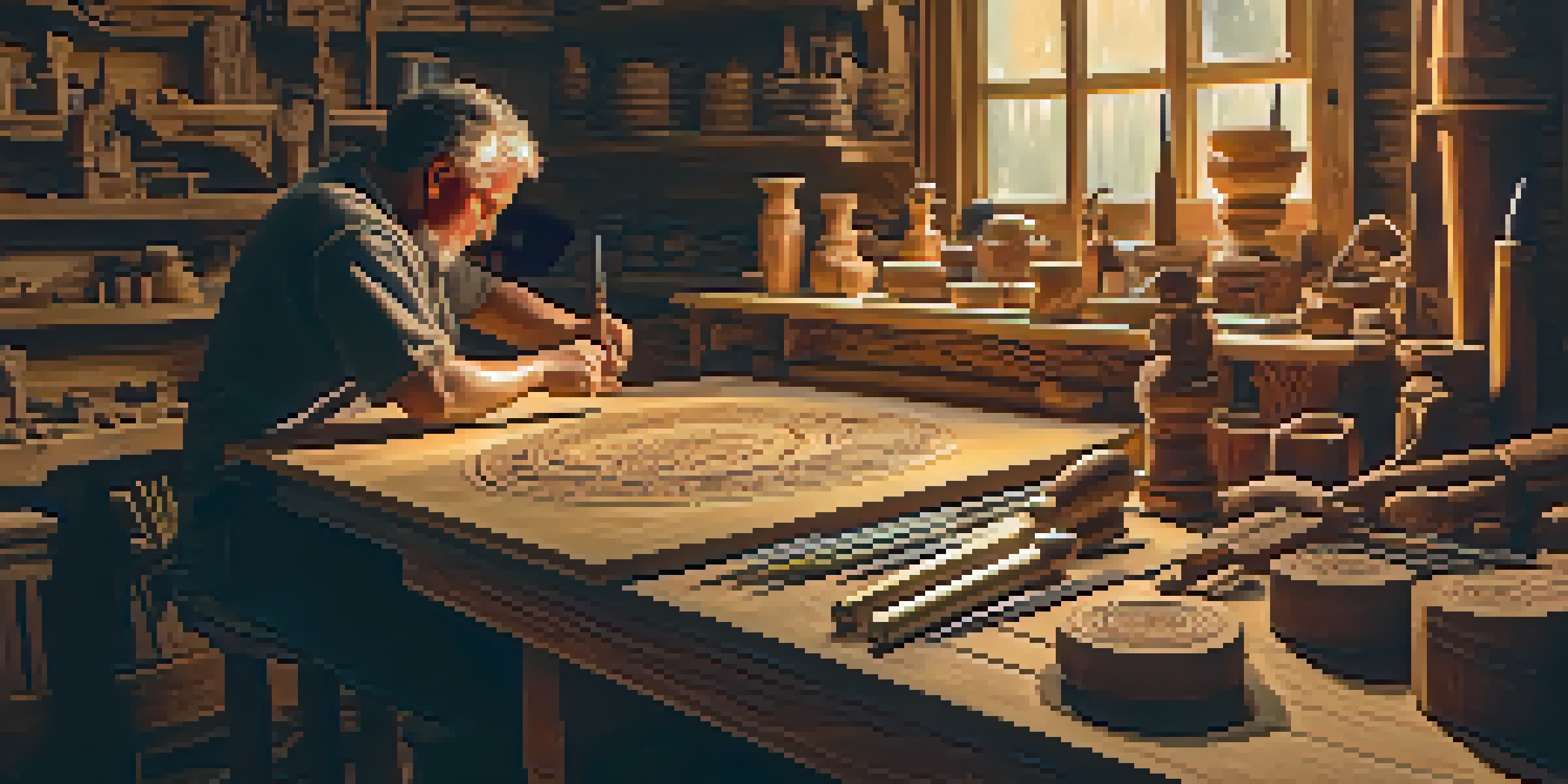 A craftsman focused on carving a detailed design into wood, with carving tools scattered around, illuminated by soft natural light.